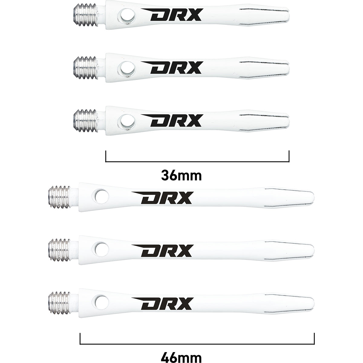 DRX Coated Aluminium Dart Stems White main product image showing the stems, packaging, and included contents