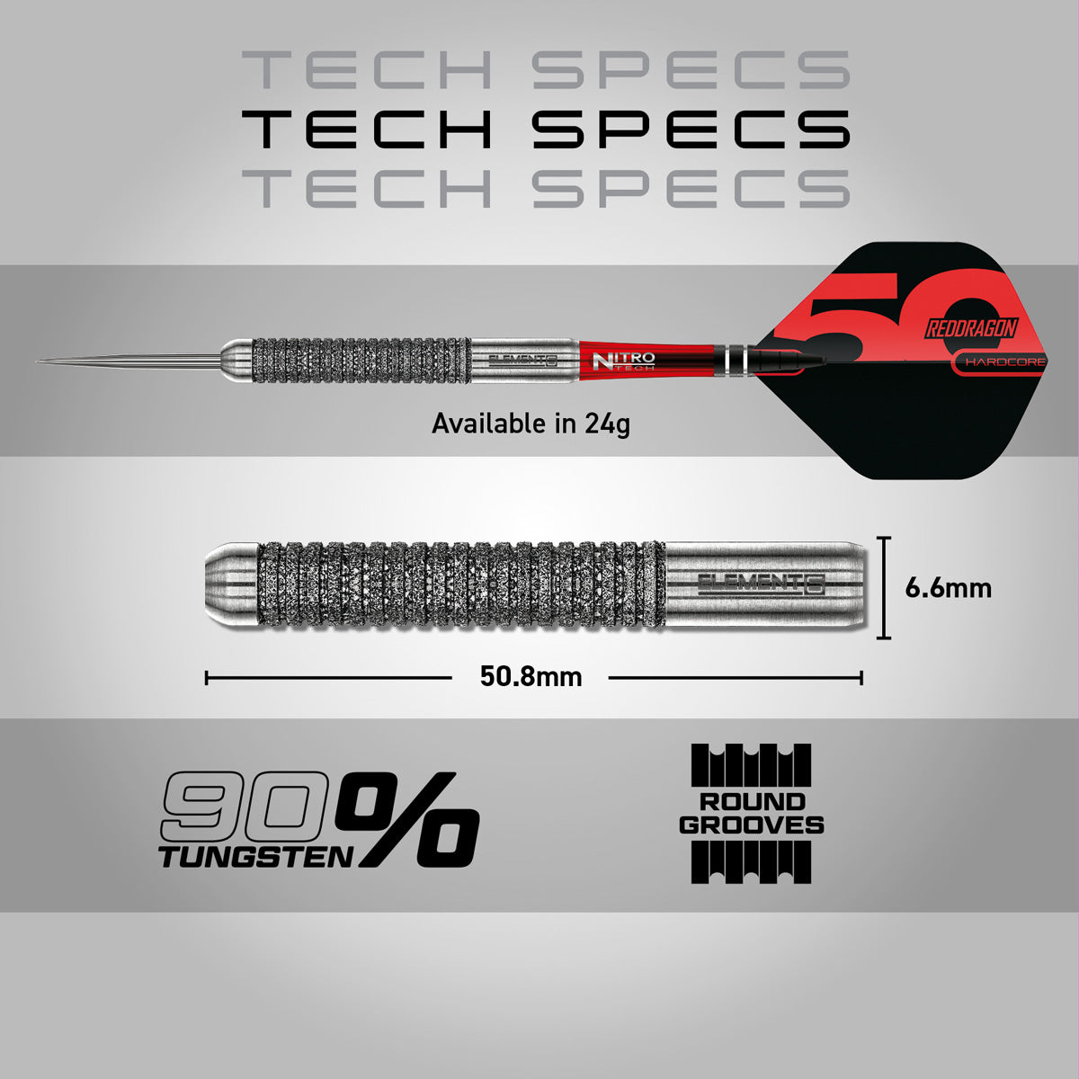 Red Dragon Element 6B Steel Tip Darts specifications image showing barrel dimensions, weight, and technical details
