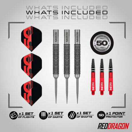 Red Dragon Element 6B Steel Tip Darts image displaying everything included inside the box