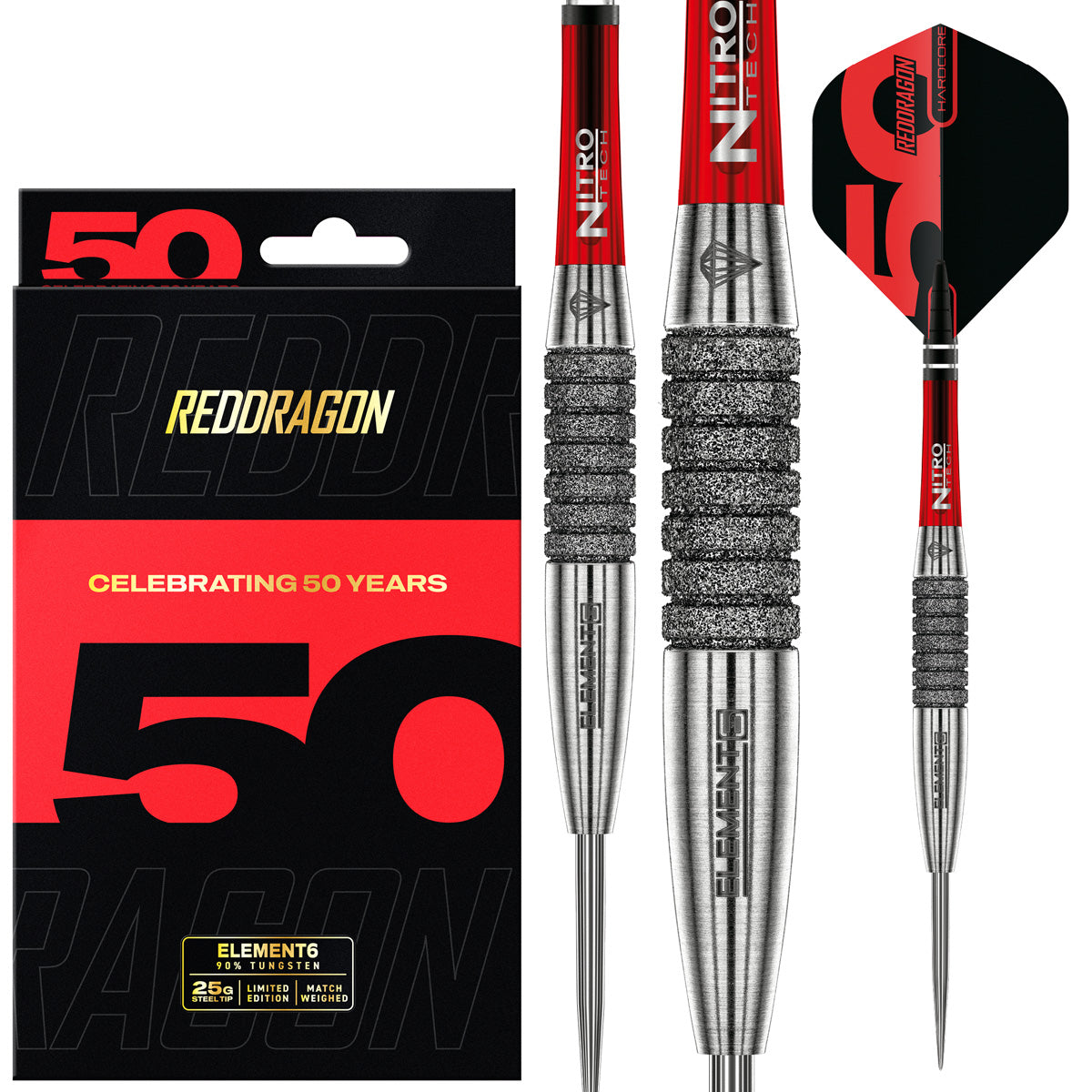 Red Dragon Element 6C Steel Tip Darts main product image showing the darts, packaging, flights, shafts, and included accessories