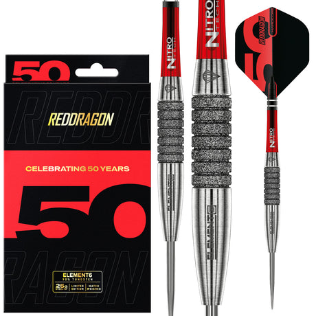 Red Dragon Element 6C Steel Tip Darts main product image showing the darts, packaging, flights, shafts, and included accessories