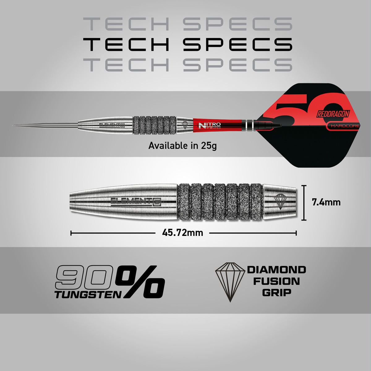 Red Dragon Element 6C Steel Tip Darts specifications image showing barrel dimensions, weight, and technical details