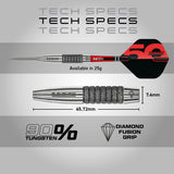 Red Dragon Element 6C Steel Tip Darts specifications image showing barrel dimensions, weight, and technical details