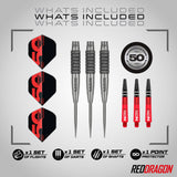 Red Dragon Element 6C Steel Tip Darts image displaying everything included inside the box