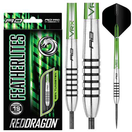 Featherlite 9 Steel Tip Darts product image showing the complete dart set, packaging and accessories