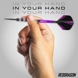 Red Dragon Gemma Hayter Steel Tip Darts in hand image showing the barrel size, grip profile, and scale when held