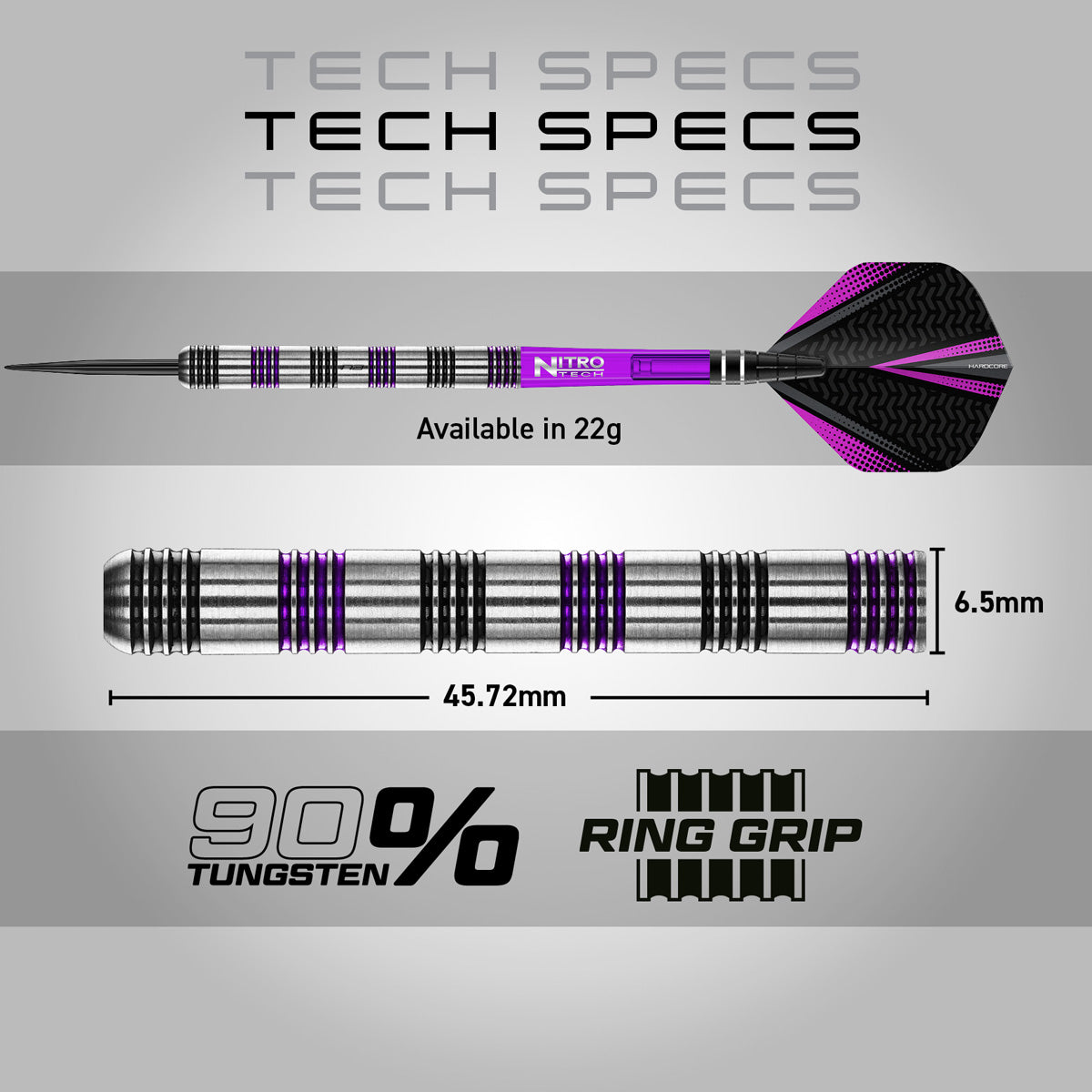 Red Dragon Gemma Hayter Steel Tip Darts specifications image showing barrel dimensions, weight, and technical details