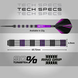 Red Dragon Gemma Hayter Steel Tip Darts specifications image showing barrel dimensions, weight, and technical details
