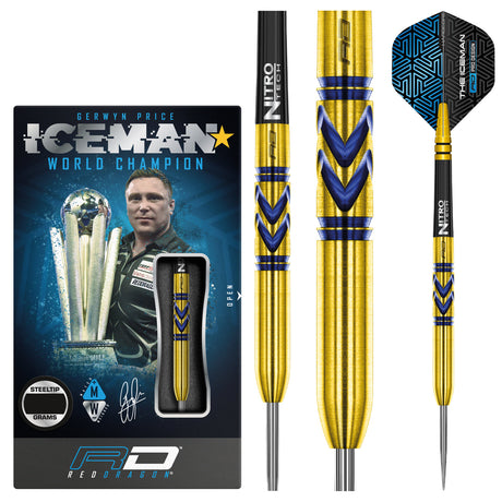 Gerwyn Price Avalanche Pro Gold Steel Tip Darts product image showing the complete dart set, packaging and accessories