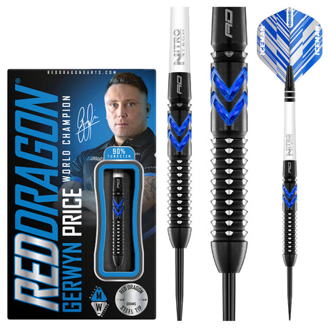 Gerwyn Price Blue Ice SE Steel Tip Darts product image showing the complete dart set, packaging and accessories