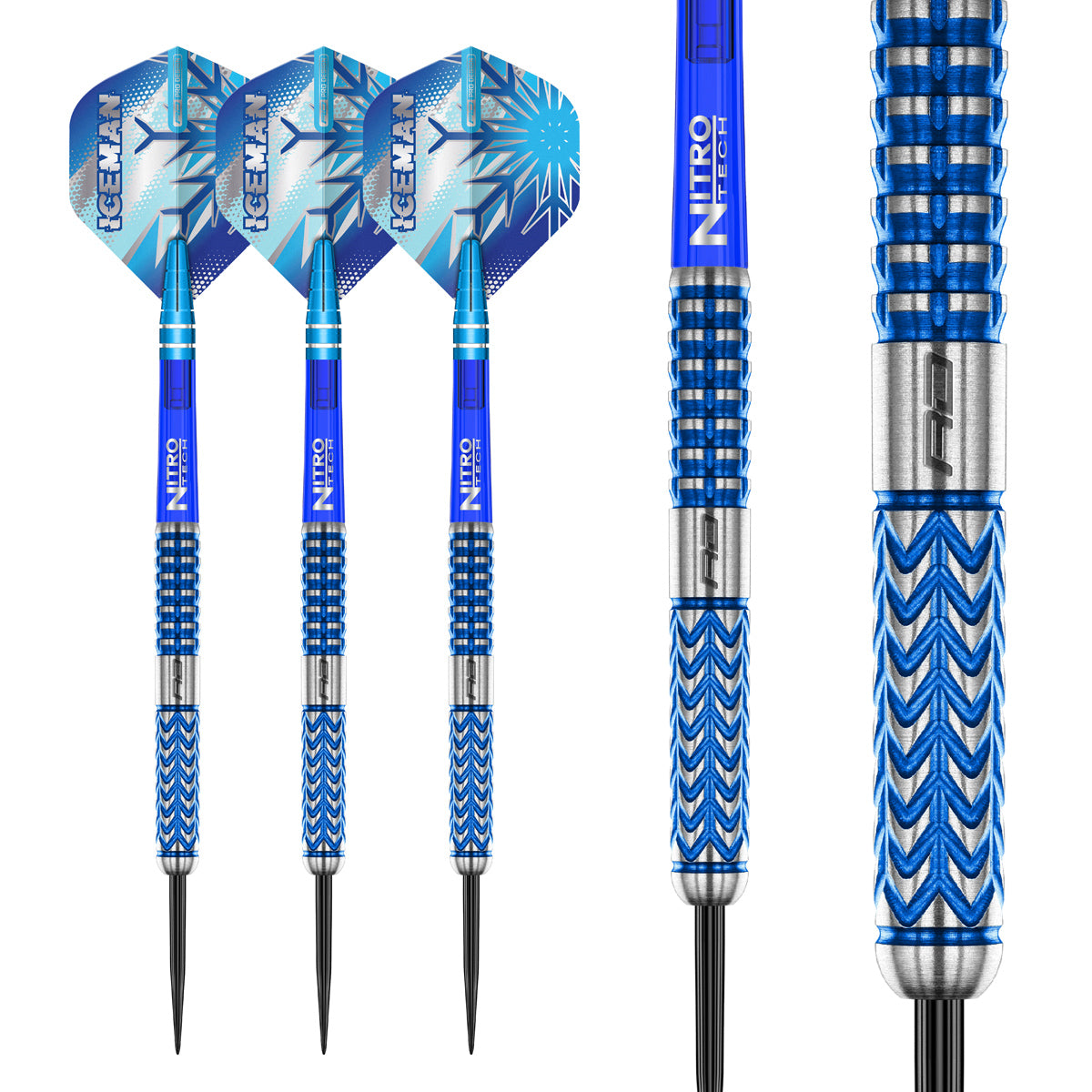Gerwyn Price Glacier Steel Tip Darts complete dart overview image showing the full barrel profile and design from multiple angles