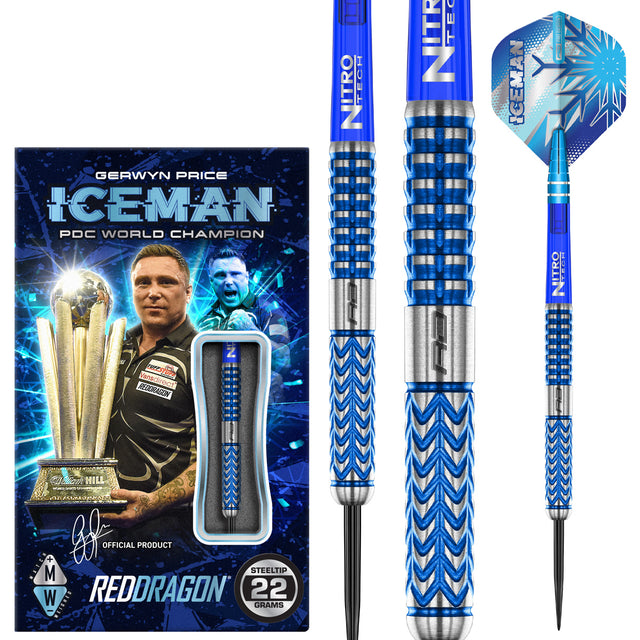 Gerwyn Price Glacier Steel Tip Darts main product image showing the darts, packaging, flights, shafts, and included accessories