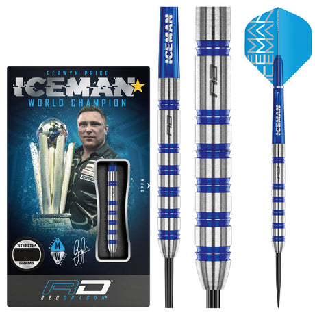 Gerwyn Price Iceman Challenger Steel Tip Darts product image showing the complete dart set, packaging and accessories