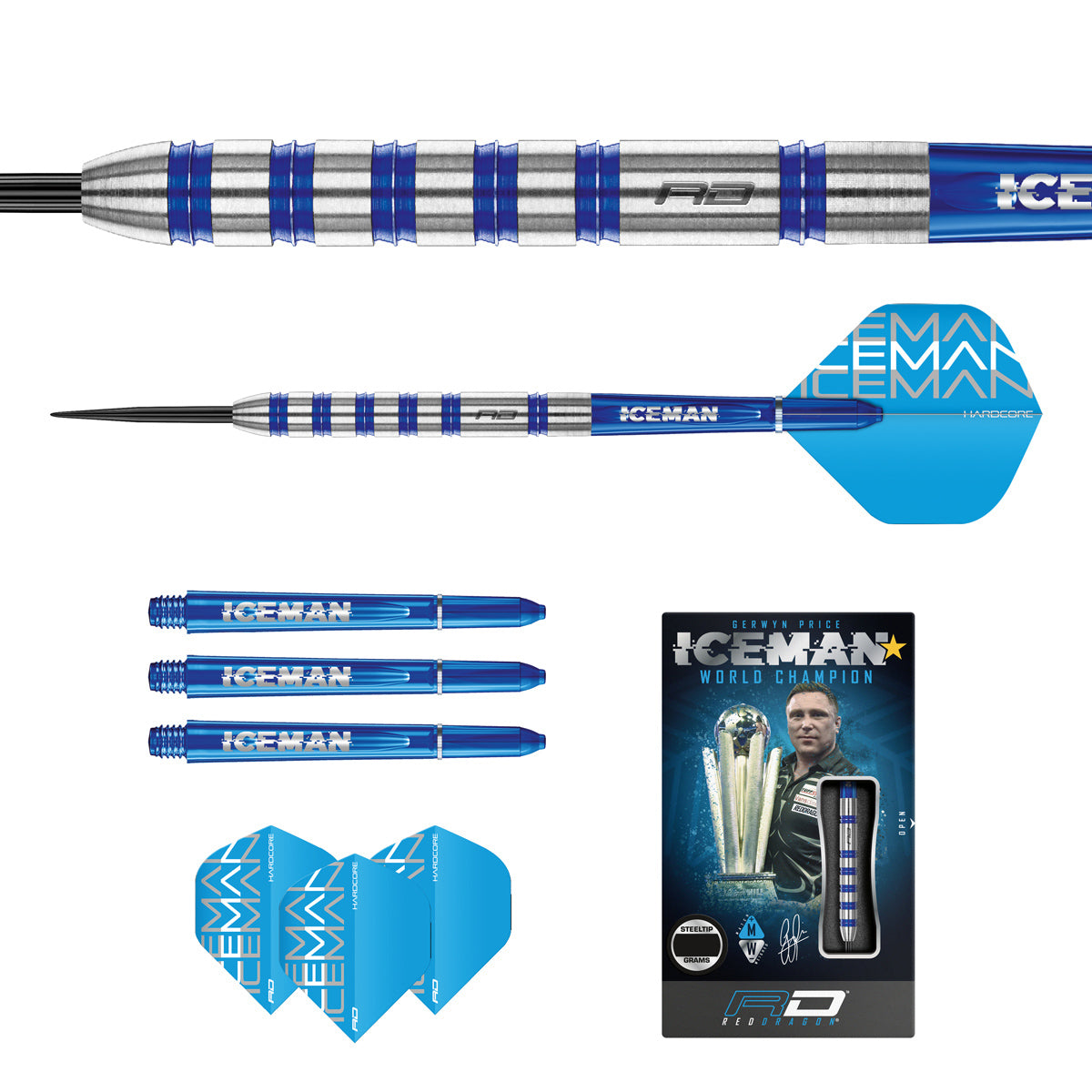 Contents of the Gerwyn Price Iceman Challenger darts box including flights, shafts and accessories