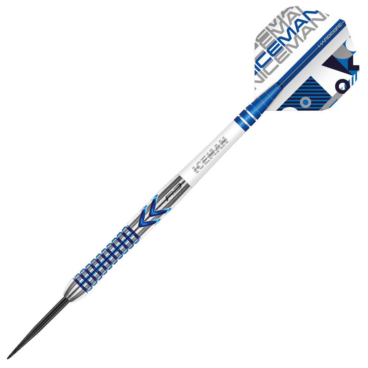 Detailed angle highlighting the Gerwyn Price Iceman Contour barrel design and grip pattern
