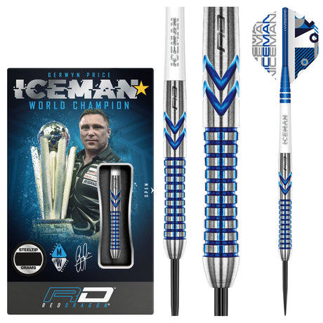 Gerwyn Price Iceman Contour Steel Tip Darts product image showing the complete dart set, packaging and accessories