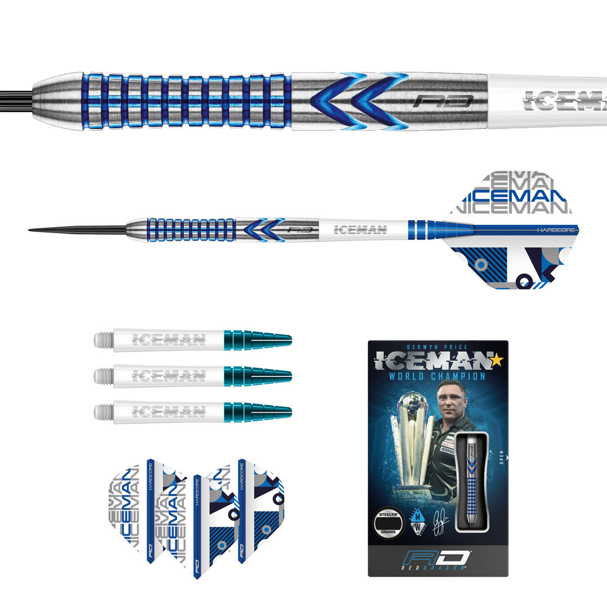 Contents of the Gerwyn Price Iceman Contour darts box including flights, shafts and accessories
