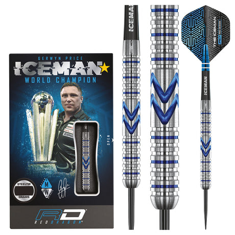 Gerwyn Price Iceman Midnight Edition Steel Tip Darts main product image showing the darts, packaging, flights, shafts, and included accessories