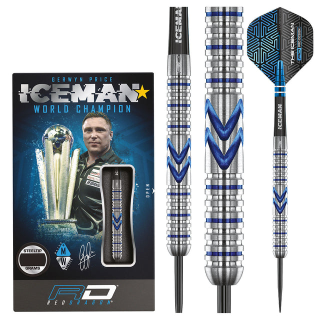 Gerwyn Price Iceman Midnight Edition Steel Tip Darts main product image showing the darts, packaging, flights, shafts, and included accessories