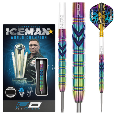 Gerwyn Price Ionic Steel Tip Darts product image showing the complete dart set, packaging and accessories