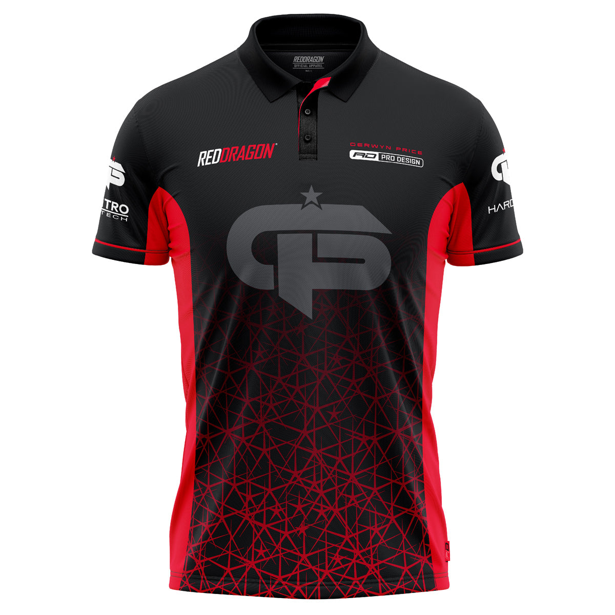 Red Dragon Gerwyn Price Signature Red Polo front view image showing the complete polo design, colours, and sponsor logos