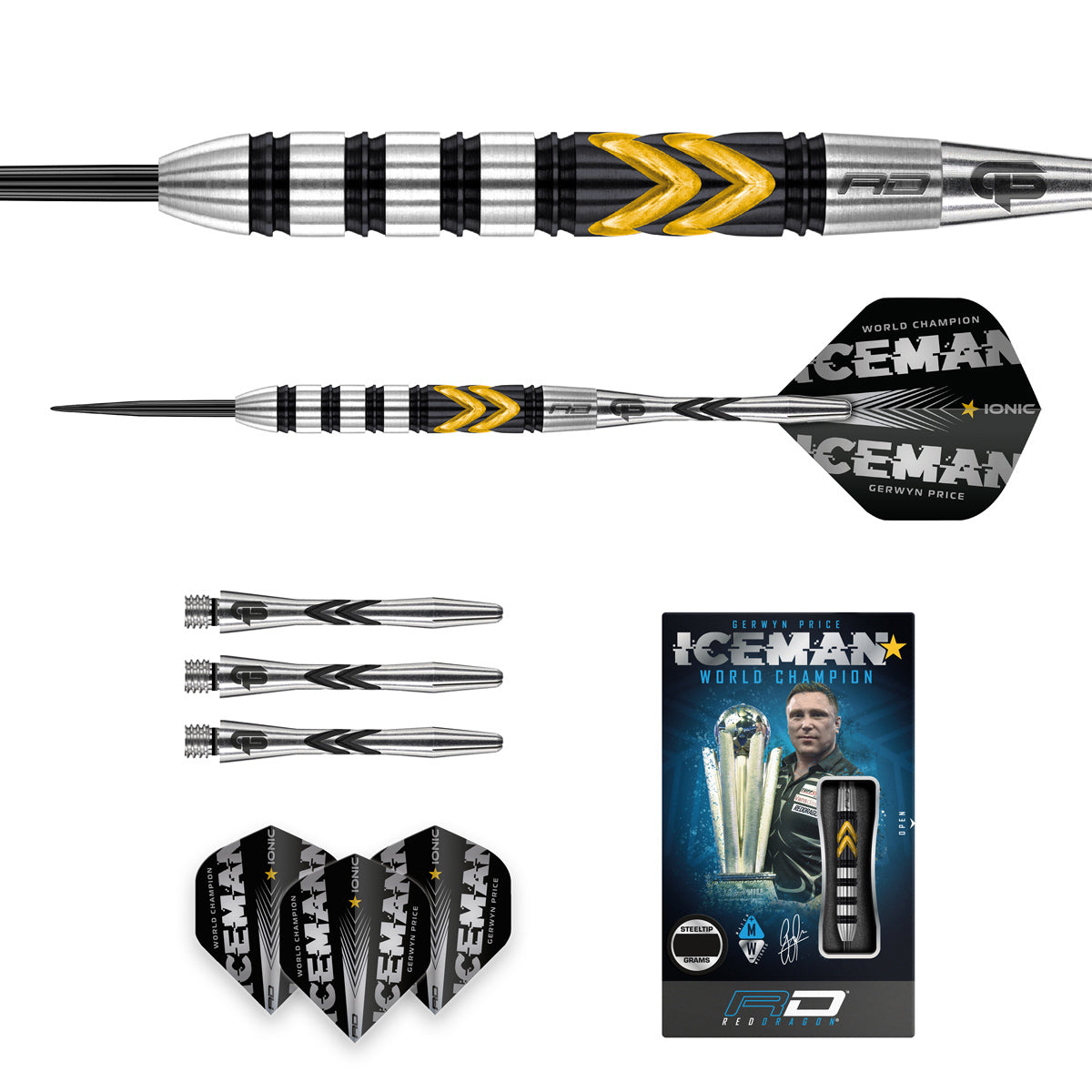 Contents of the Gerwyn Price Thunder SE darts box including flights, shafts and accessories