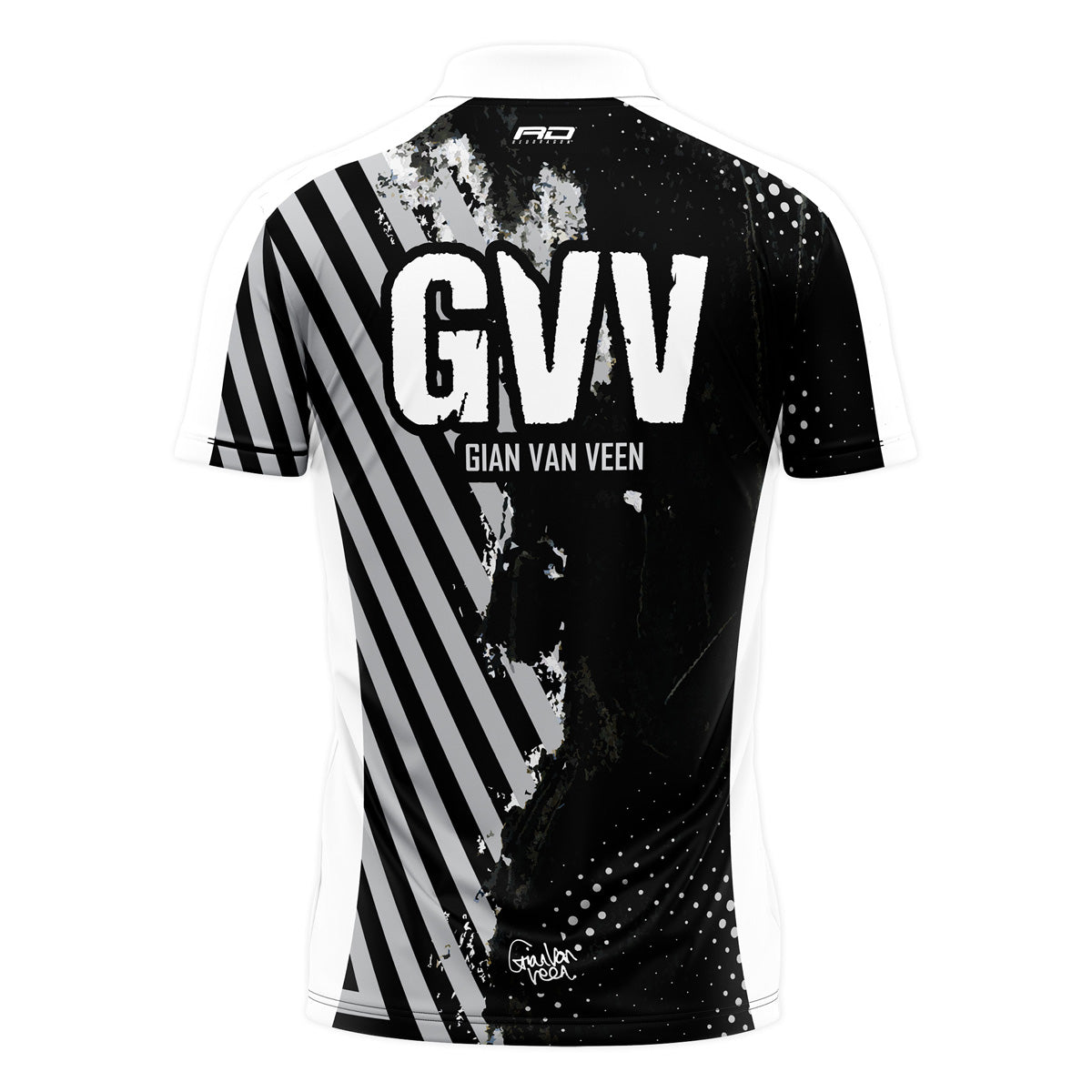 Red Dragon Gian van Veen 50 Years Limited Edition Dart Shirt rear view image showing the back design and player branding