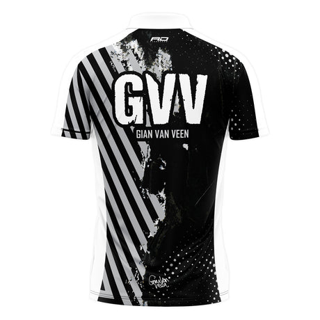 Red Dragon Gian van Veen 50 Years Limited Edition Dart Shirt rear view image showing the back design and player branding
