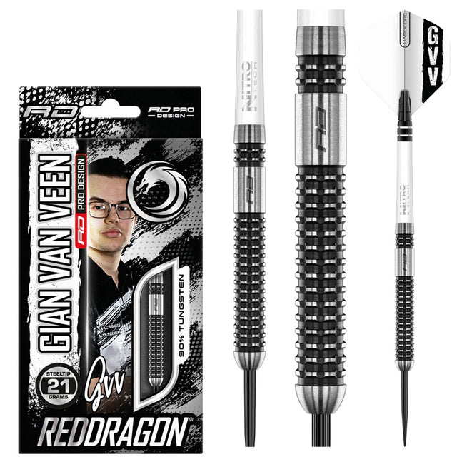Gian van Veen Axis SE Steel Tip Darts main product image showing the darts, packaging, flights, shafts, and included accessories