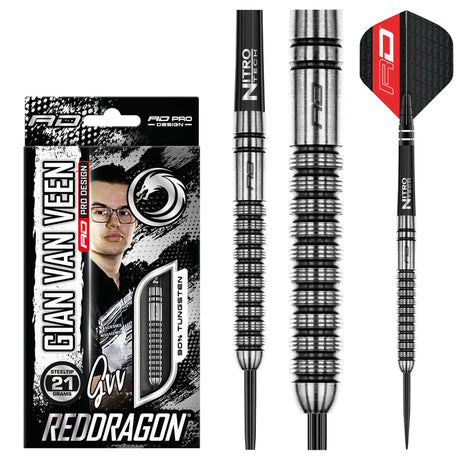 Gian van Veen Steel Tip Darts product image showing the complete dart set, packaging and accessories