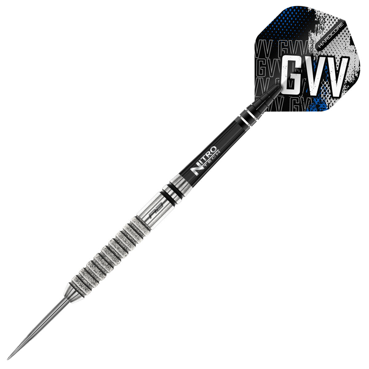 Gian van Veen Tour Edition Steel Tip Darts close up image highlighting the barrel grip texture, coating, machining, and design details