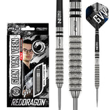 Gian van Veen Tour Edition Steel Tip Darts main product image showing the darts, packaging, flights, shafts, and included accessories
