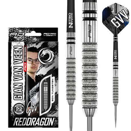 Gian van Veen Tour Edition Steel Tip Darts main product image showing the darts, packaging, flights, shafts, and included accessories