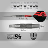 Red Dragon Grizzly 2 Steel Tip Darts specifications image showing barrel dimensions, weight, and technical details