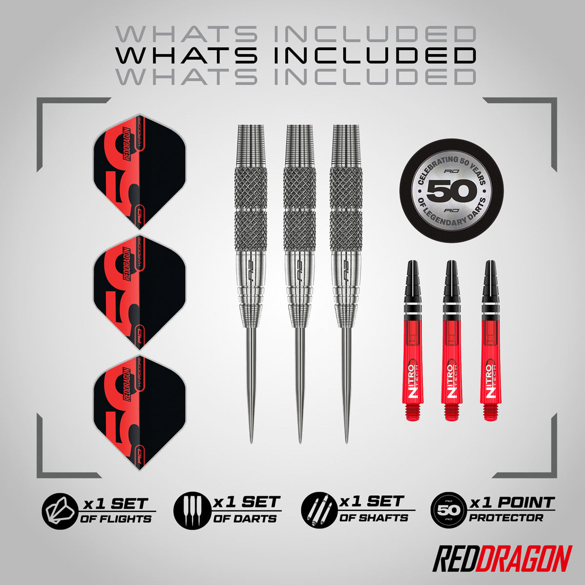 Red Dragon Grizzly 2 Steel Tip Darts image displaying everything included inside the box