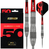 Red Dragon Grizzly 4 Steel Tip Darts main product image showing the darts, packaging, flights, shafts, and included accessories