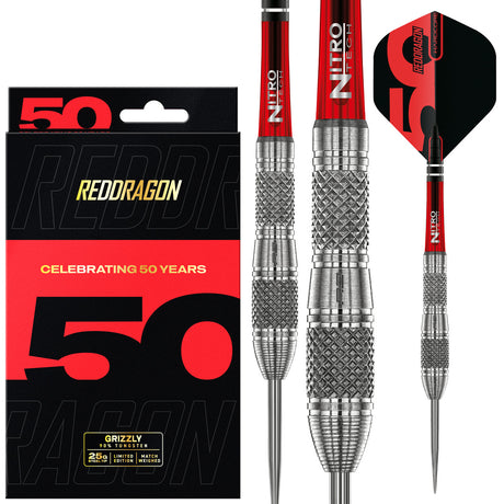 Red Dragon Grizzly 4 Steel Tip Darts main product image showing the darts, packaging, flights, shafts, and included accessories