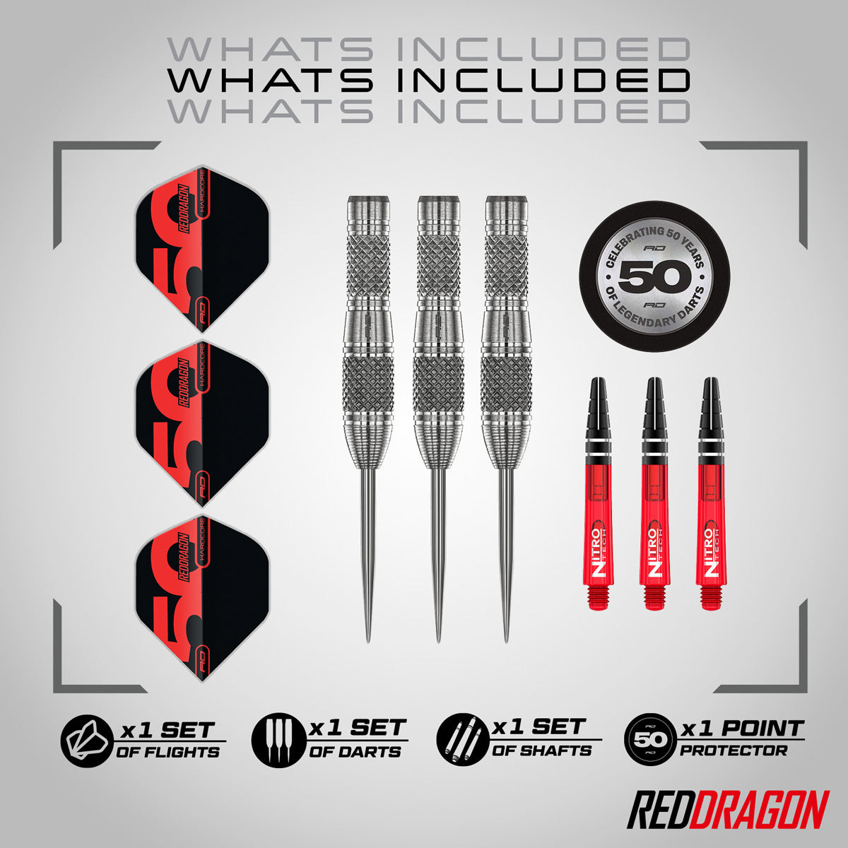 Red Dragon Grizzly 4 Steel Tip Darts image displaying everything included inside the box