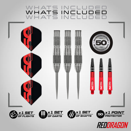 Red Dragon Grizzly 4 Steel Tip Darts image displaying everything included inside the box