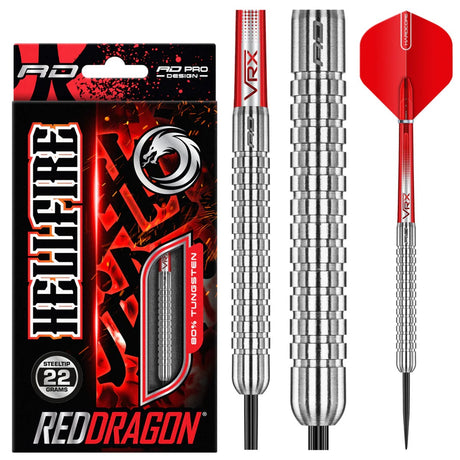 Hell Fire A Steel Tip Darts product image showing the complete dart set, packaging and accessories