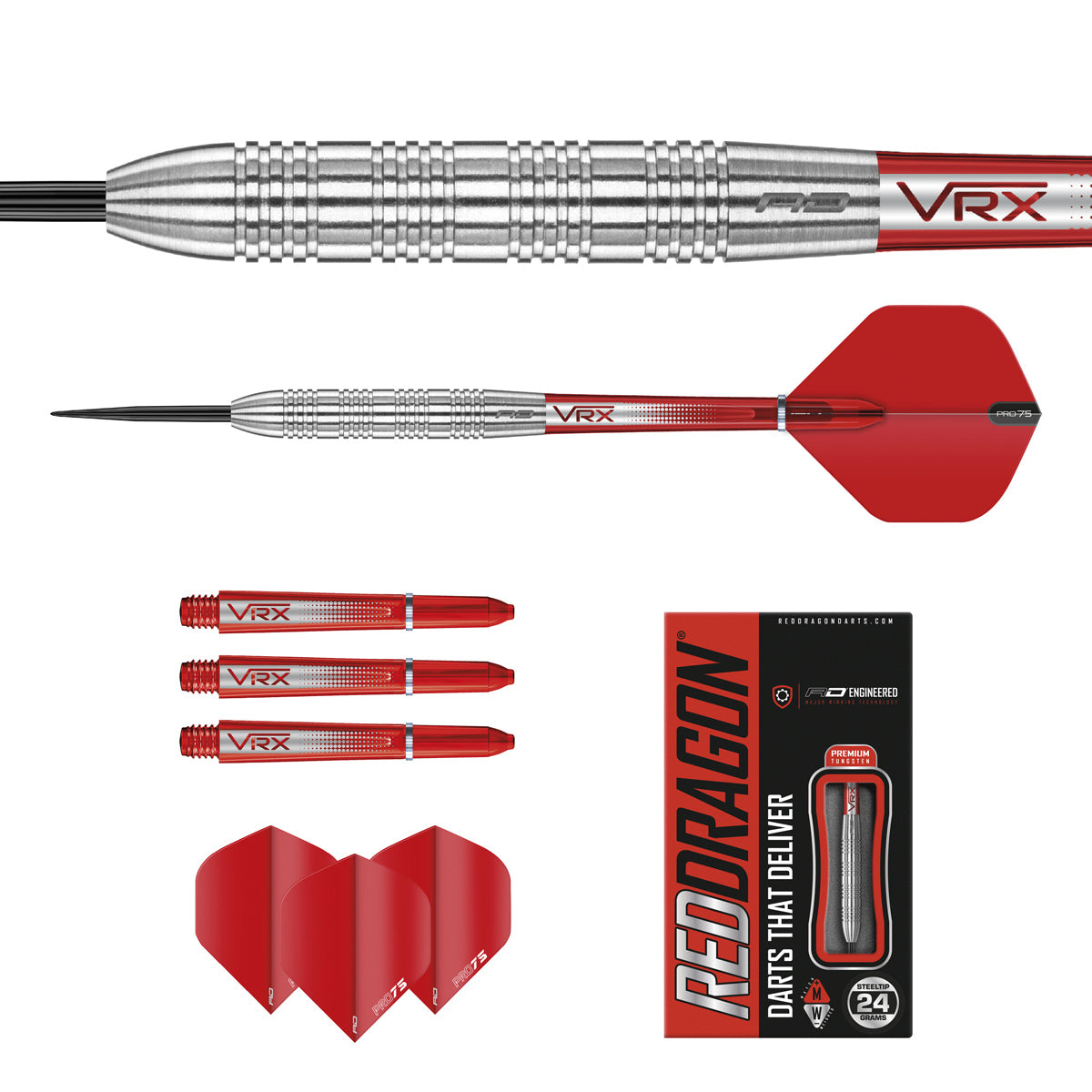 Contents of the Hell Fire B darts box including flights, shafts and accessories