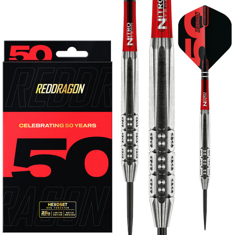 Red Dragon Hexoset 3 Steel Tip Darts main product image showing the darts, packaging, flights, shafts, and included accessories