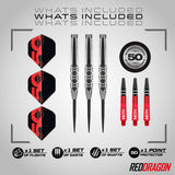 Red Dragon Hexoset 3 Steel Tip Darts image displaying everything included inside the box