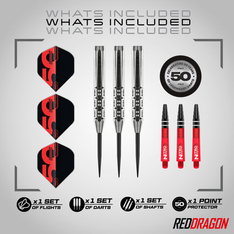 Red Dragon Hexoset 3 Steel Tip Darts image displaying everything included inside the box
