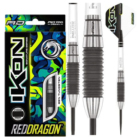 Ikon 1.2 Steel Tip Darts product image showing the complete dart set, packaging and accessories