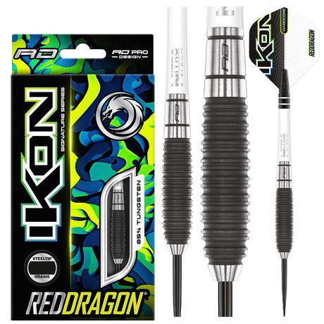 Ikon 1.3 Steel Tip Darts product image showing the complete dart set, packaging and accessories