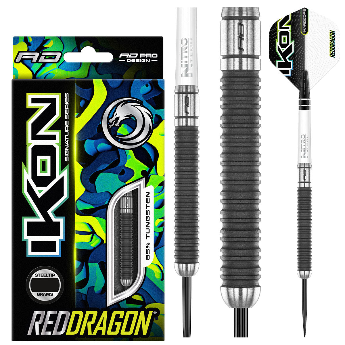 Ikon 1.4 Steel Tip Darts product image showing the complete dart set, packaging and accessories