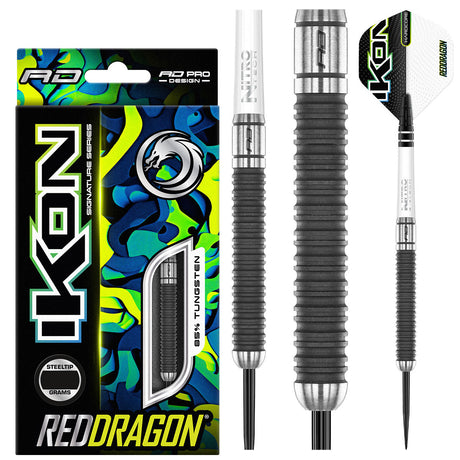 Ikon 1.4 Steel Tip Darts product image showing the complete dart set, packaging and accessories