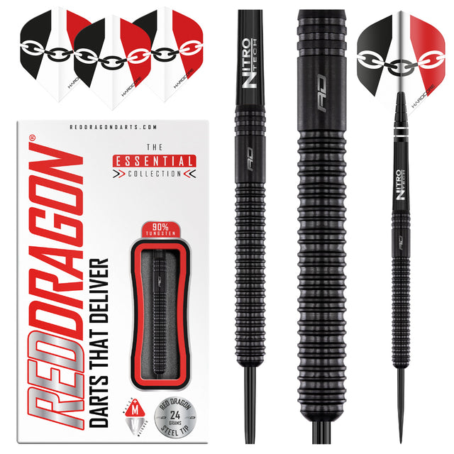 Jamie Hughes Steel Tip Darts product image showing the complete dart set, packaging and accessories