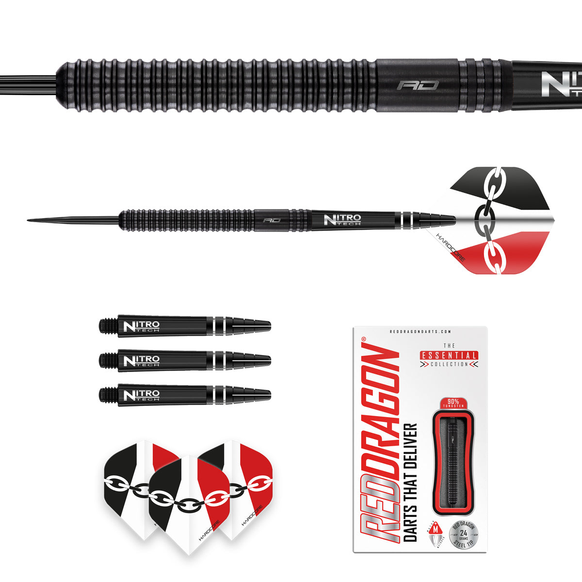Contents of the Jamie Hughes darts box including flights, shafts and accessories
